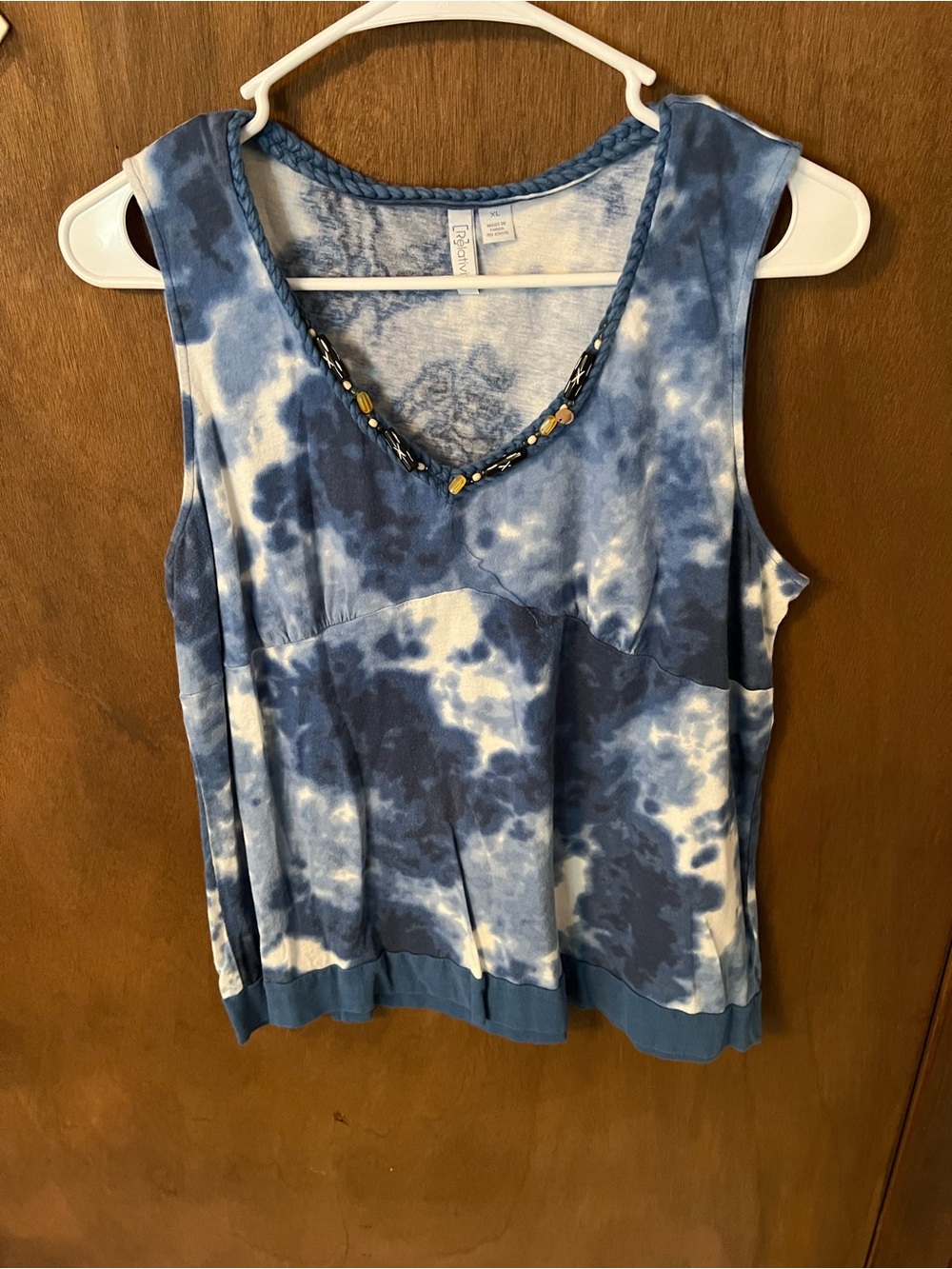 Relativity Blue and White Tie-Dye Tank with Beaded V-Neck